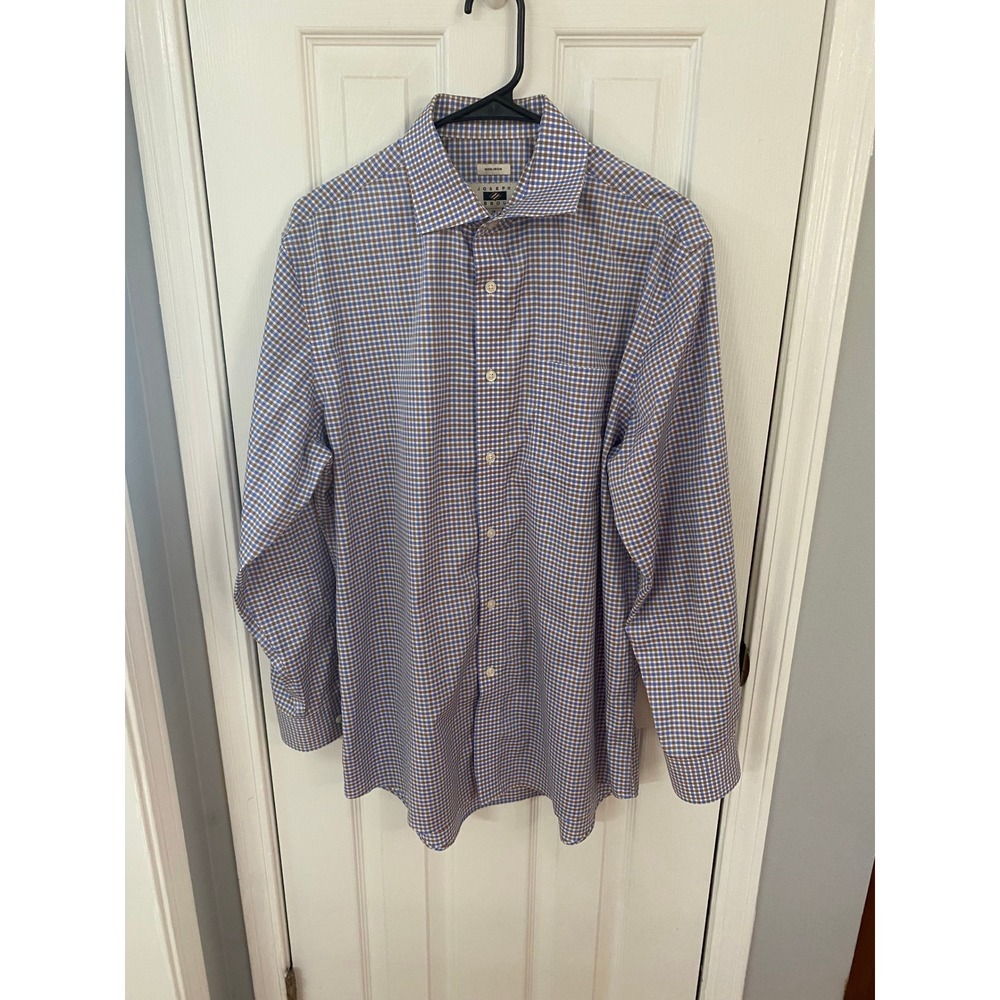 Joseph‎ Abboud Dress Shirt Mens 16 32/33 Blue Brown Gingham Non-Iron Cotton